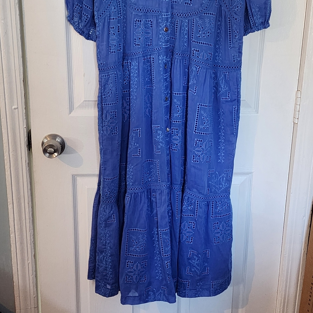 Johnny Was Blue Midi Sundress with Tiered Skirt and 3/4 Bishop Sleeves - Picture 10 of 12